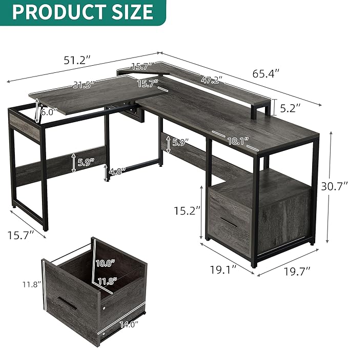 YITAHOME L Shaped Desk with Lift Top 65 Adjustable Standing Desk with File Drawer Corner Computer Desks with Storage Shelves Grey