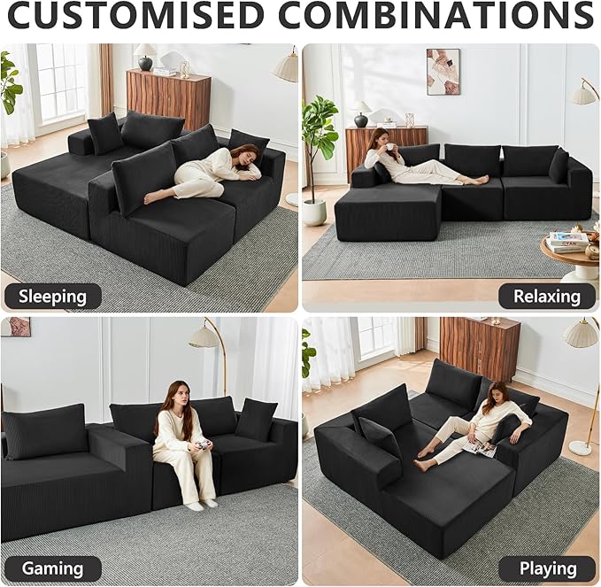 109 Cloud Sectional Couch Boneless Couches for Living Room Modular Sectional Sofa with Deep Seat L-Shape Couch with Chaise Comfy Corduroy Fluffy Modern Modular Sofa No Assembly Required Black