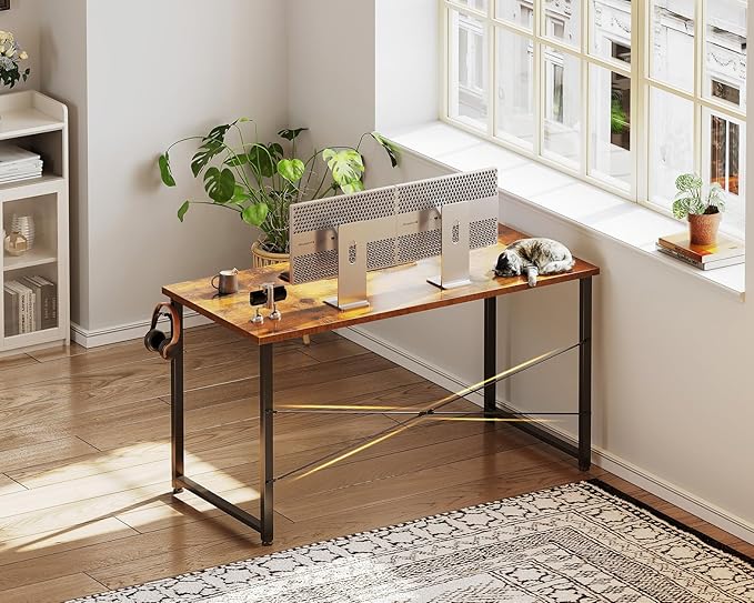 Casaottima 48 Inch Small Computer Desk for Home Office Study Writing Table for Small Spaces Simple Modern Desk with Headphone Hooks Rustic Brown