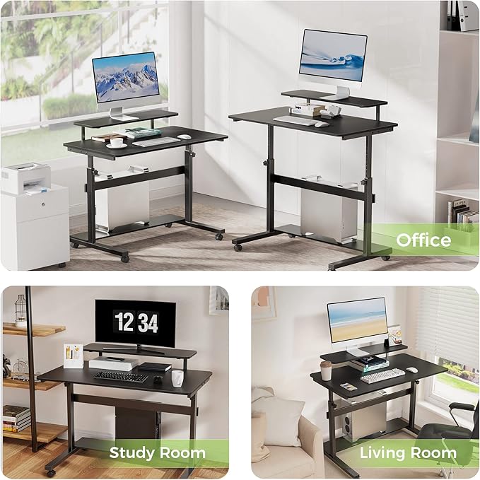 Eureka Ergonomic Height Adjustable Computer Desk Rolling Sit Stand Desk for Home Office with Hutch CPU Stand &amp Lockable Wheels 41 inch-Black