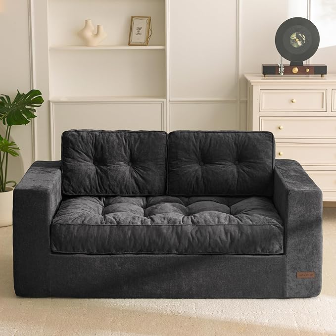 MAXYOYO Boneless Sofa Couch Loveseat Sofa for Small Space Tufted 2-Seater Floor Couch Bean Bag Chair for Living Room Bedroom Apartment Sofa in a Box No Assembly Needed Black