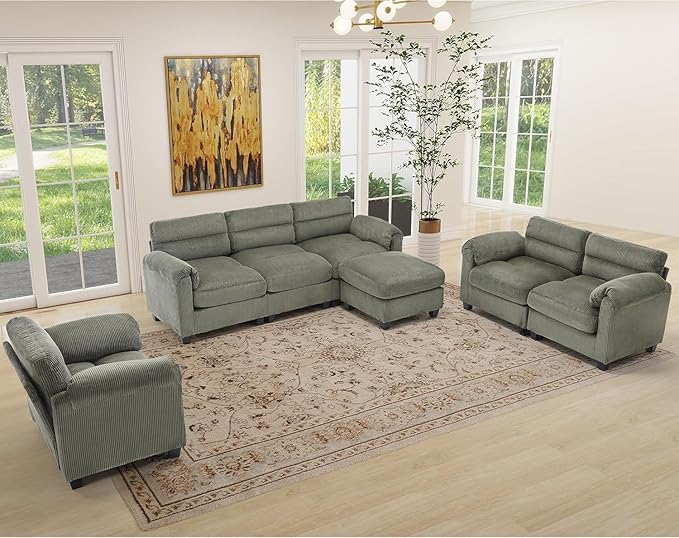Corduroy Sofa Set Upholstered Ottoman Modern Loveseat and 3-Seater Couch Set of 2 with Plush Cushions and Rolled Arms Modern Living Room Furniture SetsGreen