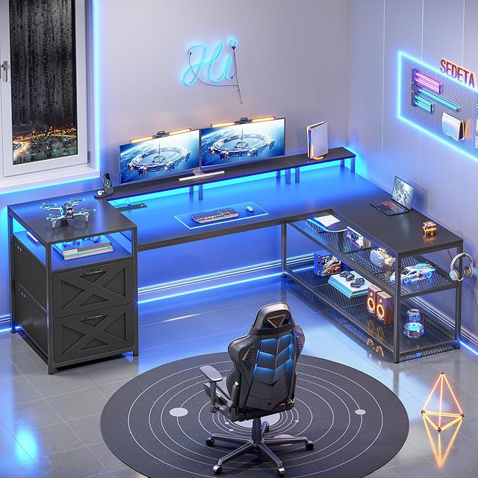 SEDETA 67 L Shaped Desk with Drawers Computer Office Desk with Storage Shelves &amp Power Outlet Reversible Gaming Desks with LED Lights for Home Office Black