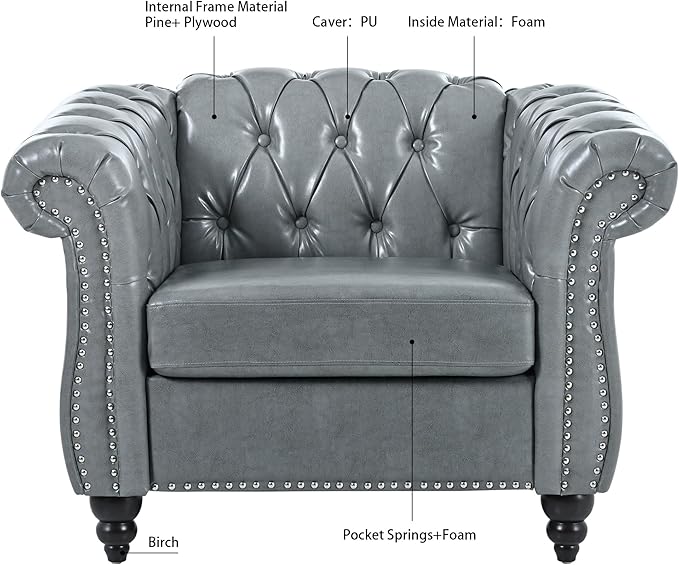 Leather Chair Living Room Single Sofa Medieval Retro Tufted Cushion Accent Sofa Chair with Rolled Arms and Nailhead Cigar Chair for Bedroom Office Apartment Club Chairs (Grey)