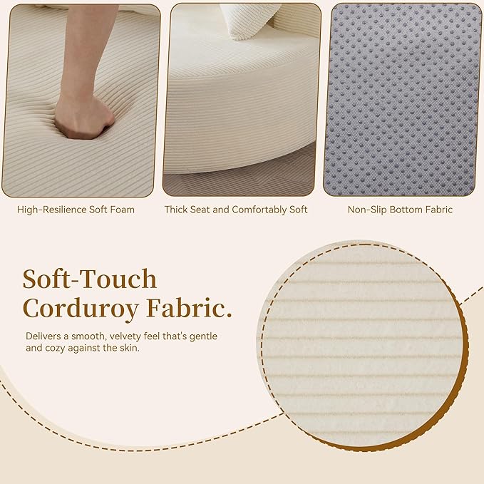 55''Oversized Round Boneless Chaise Lounge ChairCorduroy Modern Floor Sofa Deep Seat Compressed Circle Comfy Barrel Chair No Assembly Sleeper Cloud Sofa Couch Bed for Living Room BedroomBeige