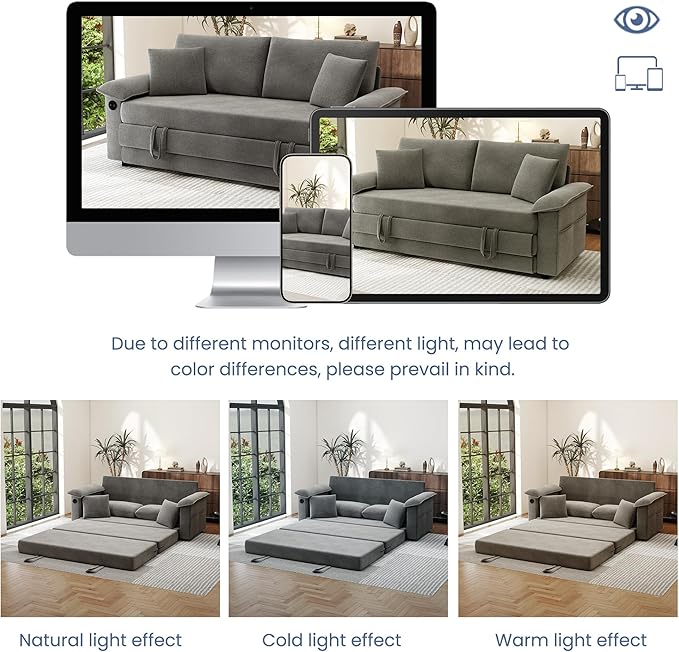 SUNWAVE Oversized Loveseat Sleeper Sofa 77 Convertible Sofa Bed 2-Seat Pull Out Couch w/USB Chenille Queen Folding Sofa Bed for Living Room Small Spaces Bedroom (Gray)