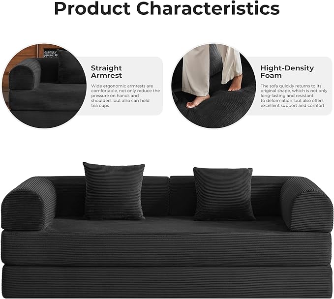 79'' Convertible Sofa Bed 5-in-1 Folding Corduroy Sleeper Couch with Pull Out Bed Oversized Modular Floor Sofa No Assembly Space-Saving Guest Bed for Apartment Living Room Bedroom (Black) | Conver