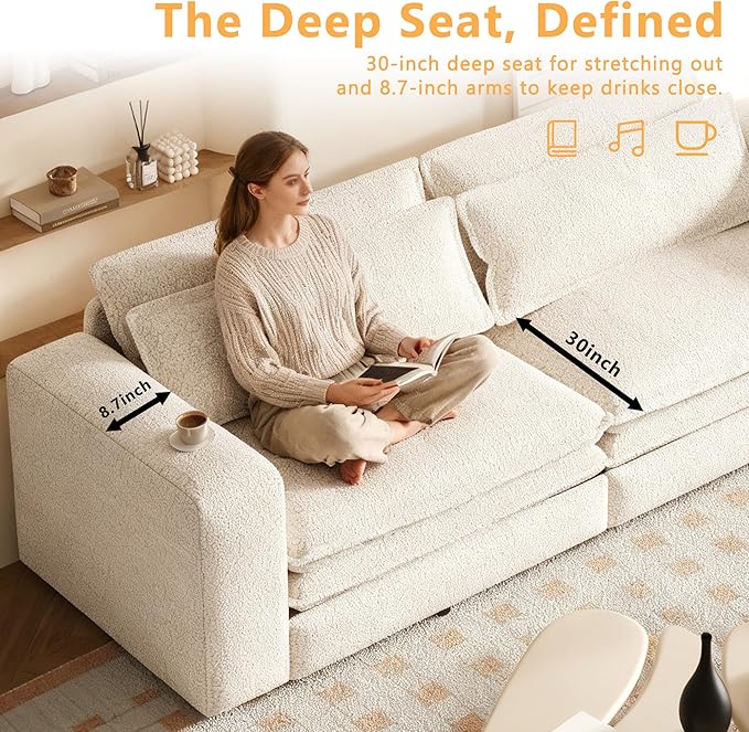93 Sleeper Sofa Bed King Size Teddy Pull Out Couch 3 in 1 Convertible Futon Couches Modern Deep Seat Daybed with 2 Pillows Loveseat for Living Room Apartment Office Cream Beige