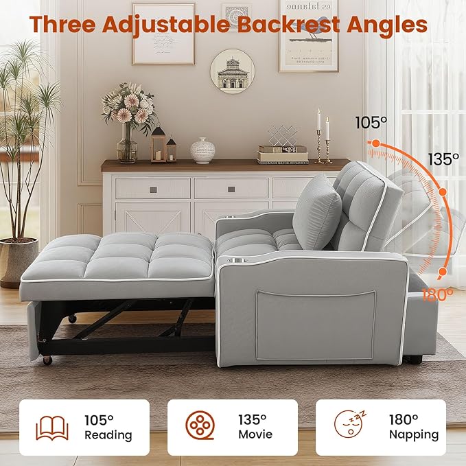 Convertible Sleeper Chair Pull Out Chair Sleeper with Bracket and Cup Holder 3 in 1 Sofa Bed Chairs for Adults Chairs Bed Sleepers for Small Spaces Living Room Light Gray