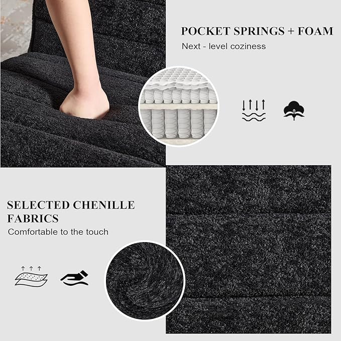 Modern Accent Chair Chenille Upholstered Fuzzy Club Chairs with Tufted Design Comfy Living Room Chair with Metal Legs Padded Reading Chair for Reading Room (Black-Chenille)