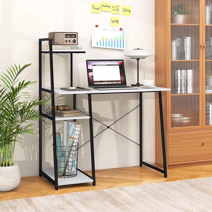 POWERSTONE 40 Computer Desk with 4-Tier Storage Shelves Home Office Corner Desk Writing Study Workstation Table for Small Space White