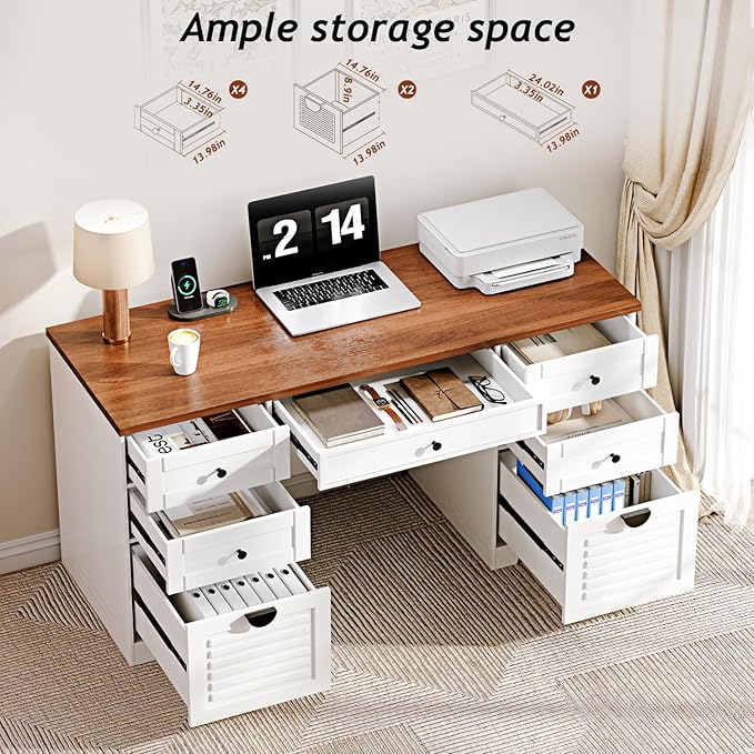 59 Home Office Desks Executive Desk Farmhouse Computer Desk with 7 Drawers and Charging Station File Drawer Rustic Computer Writing DeskAntique Cream