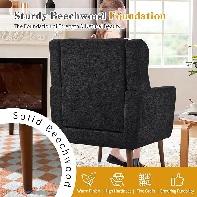 Modern Accent Chair Upholstered Armchair with Pillow Fabric Single Sofa Chair with Lounge Seat Solid Wood Legs Accent Chair for Living Room Bedroom Small Spaces(Black)