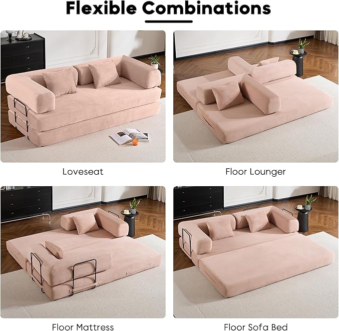 Convertible Folding Couch Bed Comfy Corduroy Sleeper Floor Sofa Bed with Fixed-Shape Frame Floor Sofa with Armrest Lounge Couch for Living Room Bedroom Lounge StudioPale Pink