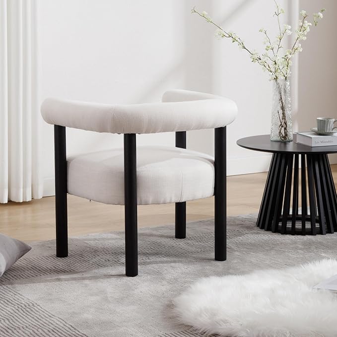 Wahson Modern Accent Chair with Black Wooden Legs Linen Upholstered Barrel Chair with Curved Backrest Small Reading Chair for Living Room/Bedroom/Office Beige