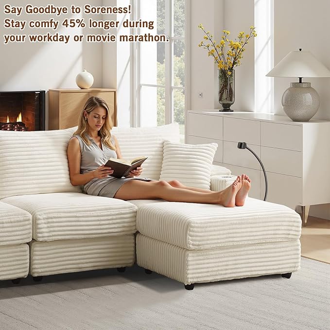 Cloud Sectional Couch L-Shaped Modular Sectional Sofa with Ottoman for Living Room Plush Corduroy Comfy Upholstered Couches with Charging Station Cup Holders &amp Armrest Storage