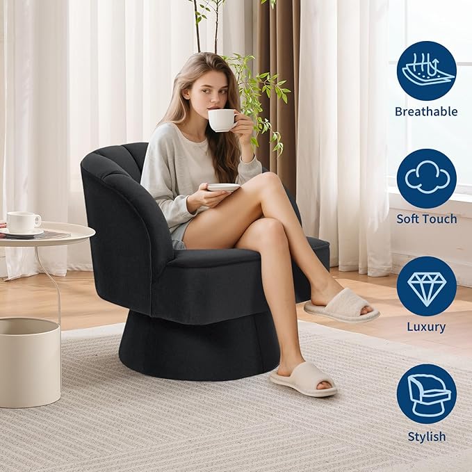 Mid Century Modern Swivel Barrel Chair - 360° Swivel Accent Chair with Plush Velvet Upholstery &amp Wide Cushioned Seat Round Lounge Sofa Chair for Living Room Bedroom Office (Black 1 PCS)