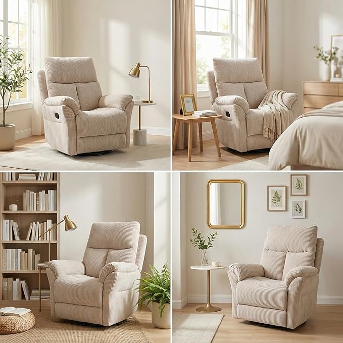 Oversized Rocker Recliner Chair Manual Swivel Rocking Recliners with Adjustable Backrest Footrest for Adults 360° Swivel Lazy Boy Recliner Chairs for Living Room Reading Bedroom Beige