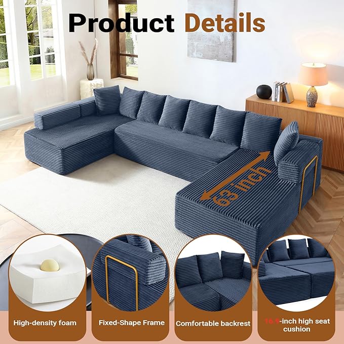 145 Modular Sectional Sofa Oversized U-Shaped Deep Seat Corduroy Cloud Couch with Fixed-Shape Frame Sleeper Sofa Couch Boneless Couches for Living Room No Assembly RequiredSofa in A BoxBlue