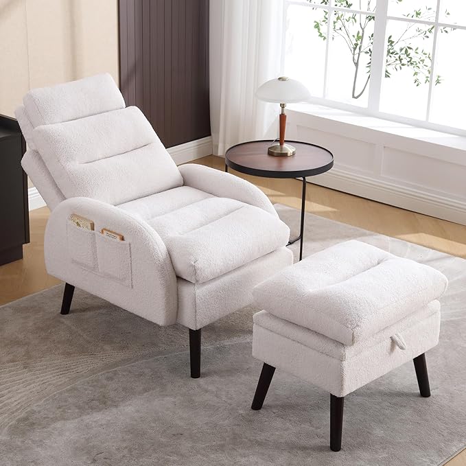 Accent Chair with Ottoman Set Comfy Reading Chair and Ottoman Modern Oversized Lounge Armchair with Adjustable Backrest for Living Room Bedroom Teddy White