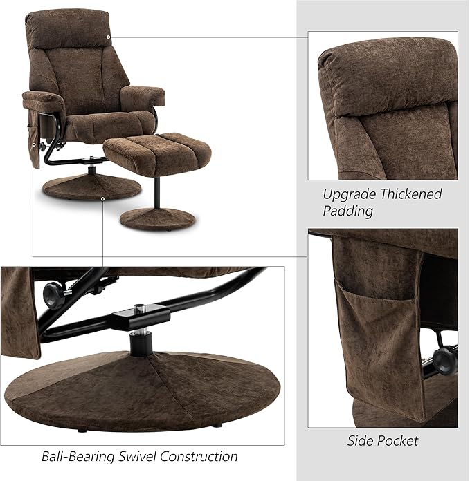 MCombo Swivel Recliner with Ottoman TV Chair with Vibration Massage Ideal for RV Small Space Living Room &amp Bedroom 4828 (Textile Dark Brown)