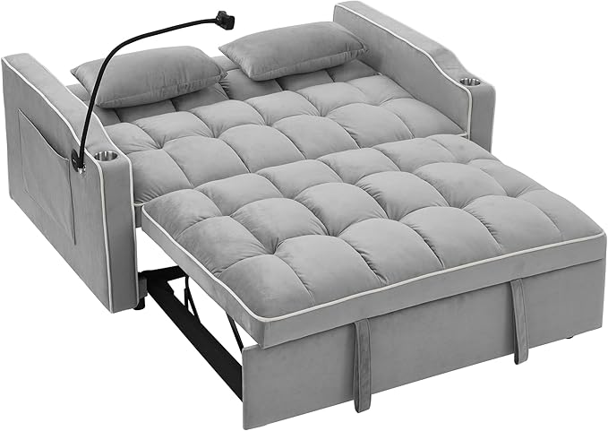 LUMISOL 55.5 Convertible Sleeper Sofa with Pull Out Bed 3-in-1 Loveseat Sofa with USB Ports 2 Cup Holders &amp Storage Pockets Velvet Sleeper Sofa Bed with Adjustable Backrest Grey