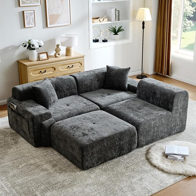 118 Modern L-Shaped Modular Sectional Sofa Oversized 3-Seater Couch with Deep Seat and Movable Ottoman Chenille Yarn Grey Cloud Sofa Couch for Living Room No Assembly