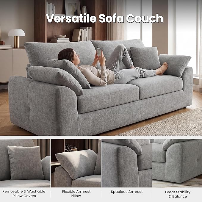 89.8 Modern Loveseat Sofa for Living Room Cloud Boneless Couches with 4 Pillows Mid Century Loveseat couches for Small Place No Assembly Required Light Grey