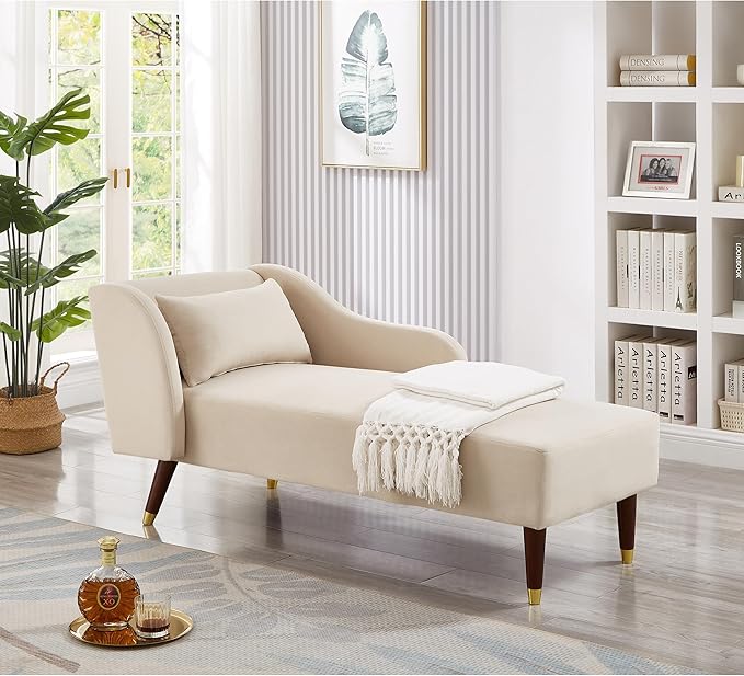 58 Modern Velvet Sofa Chaise with Tilted Backrest Comfortable Luxurious Lounge Chair with Curved Armrests Stylish Sofa Couch with Solid Wood Legs for Study Room Apartment Bedroom Living Room Beige