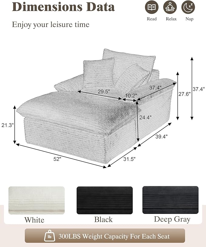 Oversized Chaise Lounge Chair Indoor Upholstered Corduroy Couch with 3 PillowsComfy Fluffy Cloud CouchSingle Sleeper Sofa Chair for Livingroom (Black+Ottoman 52W X 70.87D)