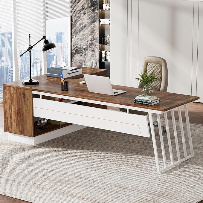 Tribesigns 71-Inch Executive Desk L-Shaped Desk with Cabinet Large Office Desk with Drawers and Storage Shelves Writing Table Computer Desk for Home Office Brown and White