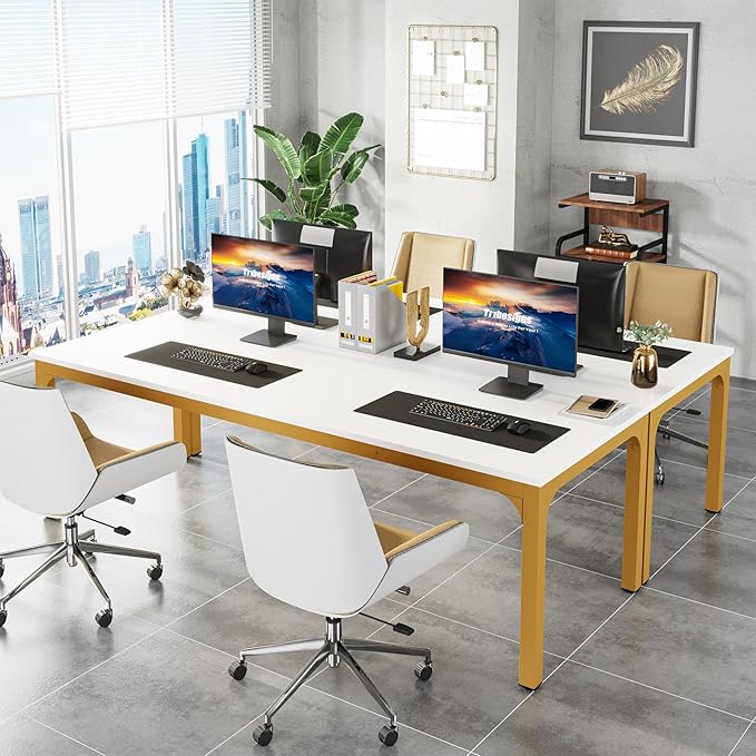 Tribesigns Modern 78.7 Inches Extra Long Computer Desk 2 Person Desk Double Long Desk Workstaion for Home Office White+Gold
