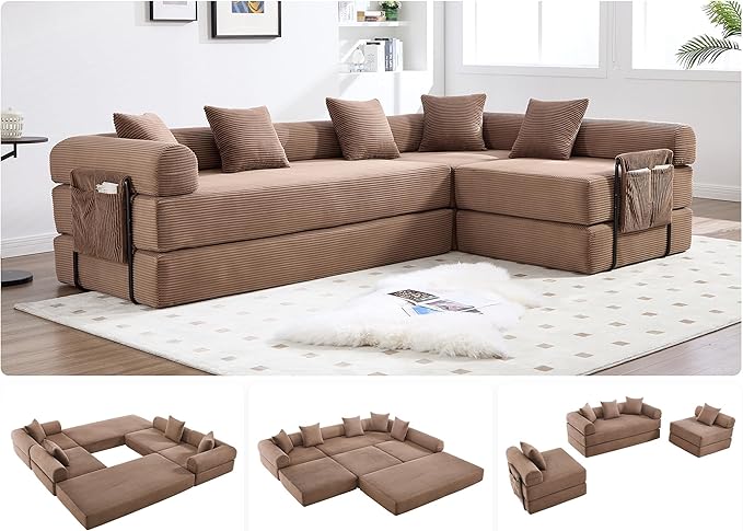 10-in-1 Folding Convertible Sofa Bed 141 Inch Boneless Couch with Fixed-Shape Frame Corduroy Modular Sectional Sofa Mattress Sleeper Sofa Floor Sofa Futon Couch for Living Room (Brown)