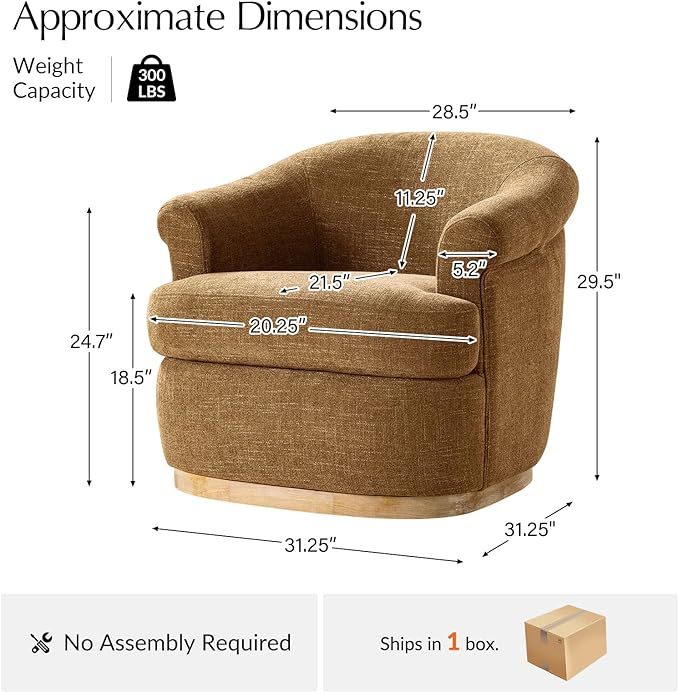 HULALA HOME Swivel Barrel Chair with Rolled Arms Upholstered Fabric Swivel Round Armchair with Removable Cushion Solid Wood Base for Living Room Bedroom Camel