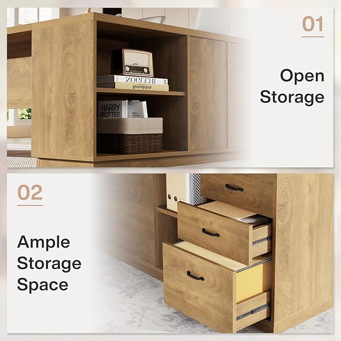 Tribesigns 78 L-Shaped Executive Desk Large Modern Office Desk with Drawers and Lateral File Cabinet Business Furniture with Storage Shelves Big Computer Table for Home Office (Brown)