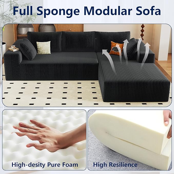96 Modular Sectional Sofa Modern Corduroy Cloud Couch with Deep Seat Boneless Couch Upholstered 3-Seater L-Shaped Sofa for Living Room No Assembly Required (Black Right-Facing Chaise)