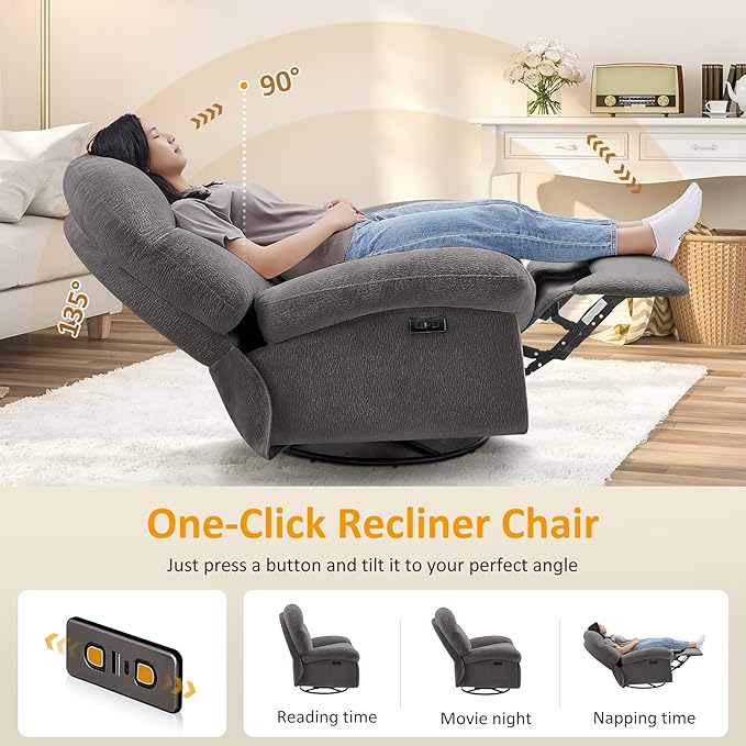 VANOMi Power Recliner Chair with USB &amp Type-C Charging 270° Swivel Glider Rocker Electric Nursery Recliner for Living Room Bedroom Office Dark Gray