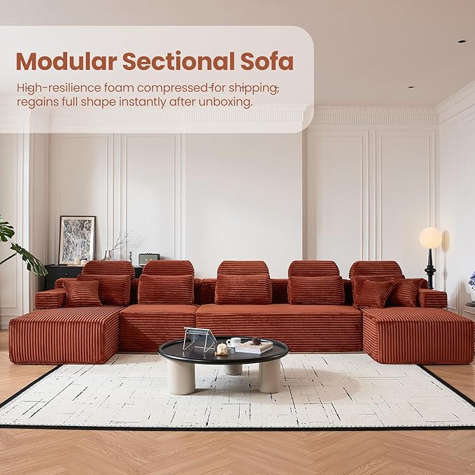 171 Boneless Couch with Reversible Chaise U Shaped Sectional Couches for Living Room Modular Sectional Sofa 28 Deep Seat Corduroy Couch Reversible Chaise Couch in a Box Orange