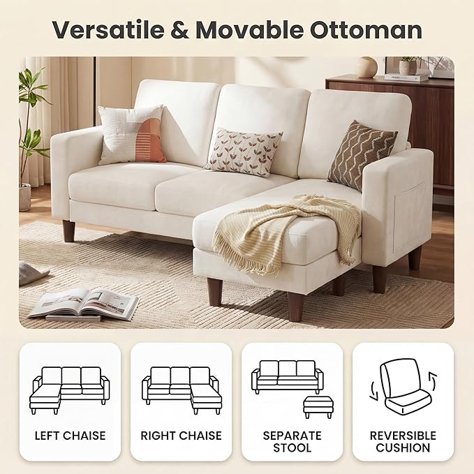 Homall 3 Seat Couch L Shape Sofa with Side Storage Pockage Sectional Couches with Reversible Ottoma Upholstered Sofa for Living Room and Small Spaces (Linen Fabric Cream)