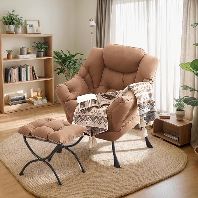 Lazy Chair with Ottoman Large Khaki Accent Chair with Ottoman Comfy Reading Armchair Leisure Sofa Chair for Living Room Bedroom Dorm Room Office