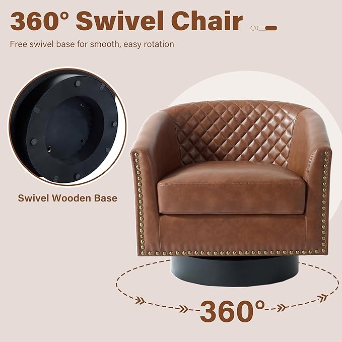 Pia Ricco Faux Leather Swivel Barrel Accent Chairs 360° Swivel Round Single Sofa Chair Comfy Upholstered Club Armchair with Nailhead Trim for Living Room/Reading Room/Bedroom Brown