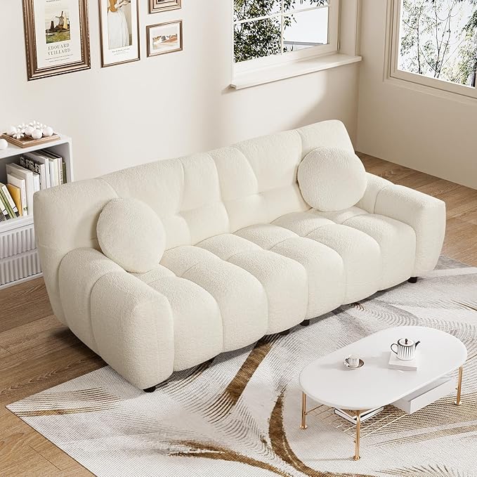 Boucle Cloud Sofa Couch Comfy Deep Seat Sherpa Couch 72.8 Upholstered Cozy Teddy 2 Seat Marshmallow Couches Oversized Loveseat Sofa for Living Room Bedroom Cream White