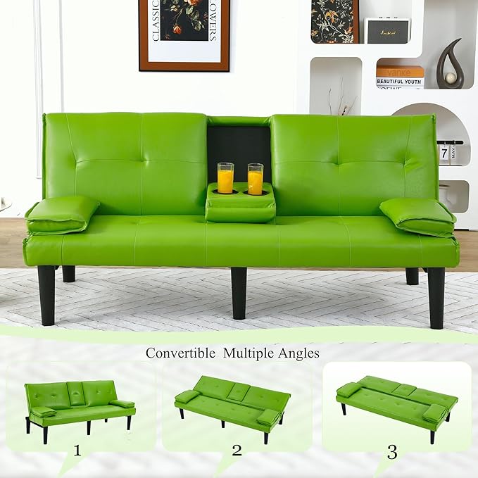 67Modern Futon Sofa BedConvertible 3 in 1 Sleeper Bed Couches with Adjustable BackrestCup HoldersComfy PVC Leather Recliner Sofa Loveseat with Chrome Legs for Small Home Living Room (Green)