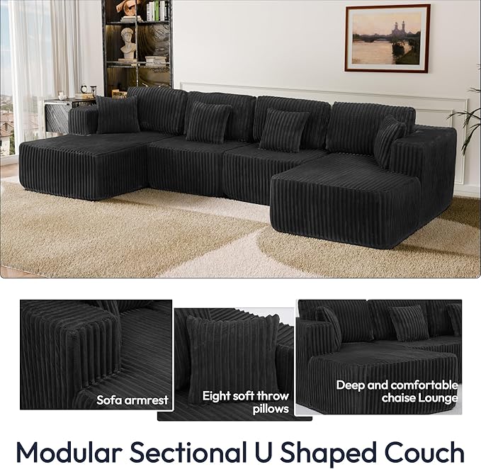 132 U Shaped Couch Modular Sectional Sofa with Chaise Corduroy U Shaped Boneless Couch with Deep Seat Upholstered Modular Cloud Sofa for Living Room No Assembly Required Black