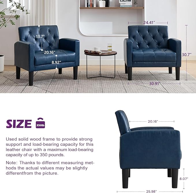 TYBOATLE Accent Chairs Set of 2 Comfy Living Room Chair Leather Tufted Mid Century Modern Accent Chair Small Cozy Reading Arm Chair for Office Bedroom (2 Blue)
