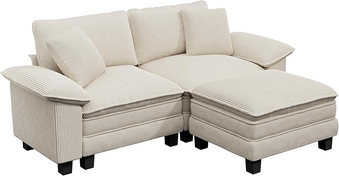 87-Inch L Shaped Sectional Sofa with Cloud Cushions Deep Seat Modular Couch Set w/ 3 Seats &amp 1 Ottomans Removable Arms Plush Corduroy Upholstery for Living Room Apartment - Beige