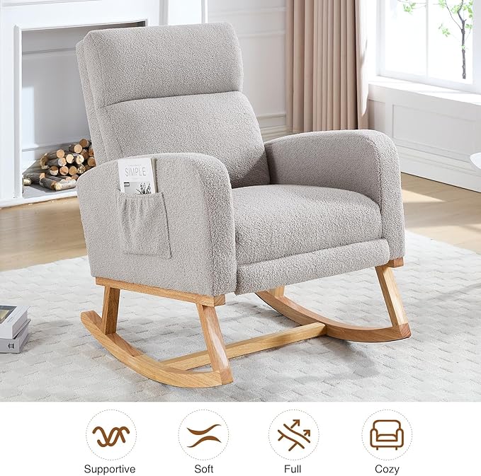 Rocking Chair Nursery with Foot Rest Teddy Nursing Rocking Chairs for Mom Nursery Rocker Glider Chair with Footrest for Living Room Bedroom Light Gray