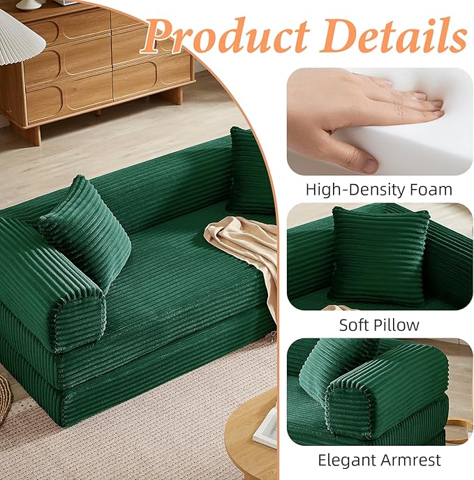 Convertible Futon Sofa Bed Fold Out Floor Sofa Couch with Sleeper SofaFolding Boneless Couches with Deep SeatCloud Corduroy Foldable Mattress Couch for Living Room (Green)