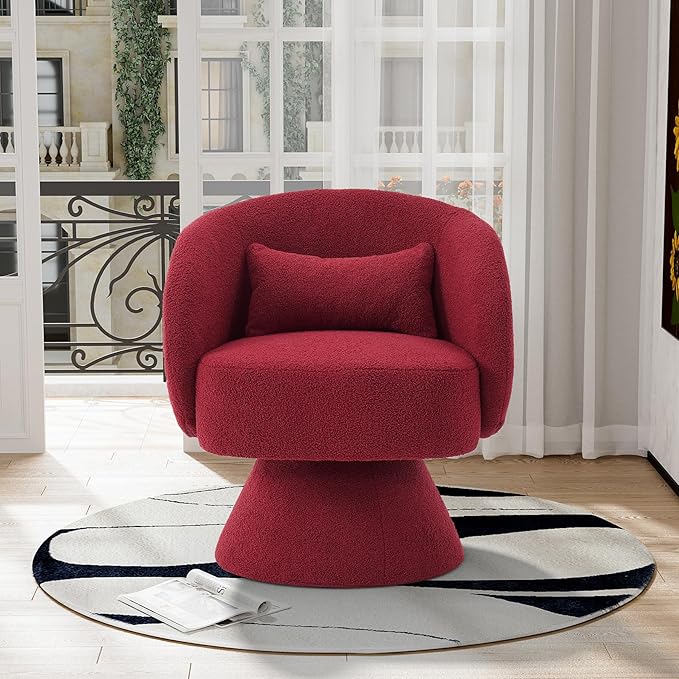 Swivel Barrel Chair Set of 2 Upholstered Swivel Cuddle Accent Chairs for Living Room Comfy 360°Small Round Boucle Sherpa Barrel Armchair for Bedroom Nursery (Red Teddy)