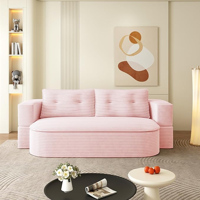 78.7 Floor Foam Sleeper Sofa Bed Folding Futon Couch Bed Corduroy Compression Loveseat Sofa Foldable Full Size Couch with 2 Pillows for Living Room Bedroom ApartmentPink